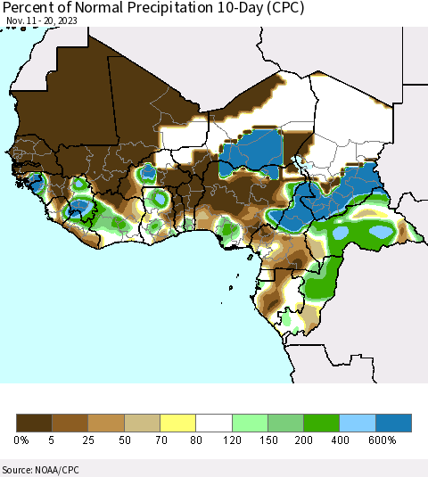 Western Africa Percent of Normal Precipitation 10-Day (CPC) Thematic Map For 11/11/2023 - 11/20/2023