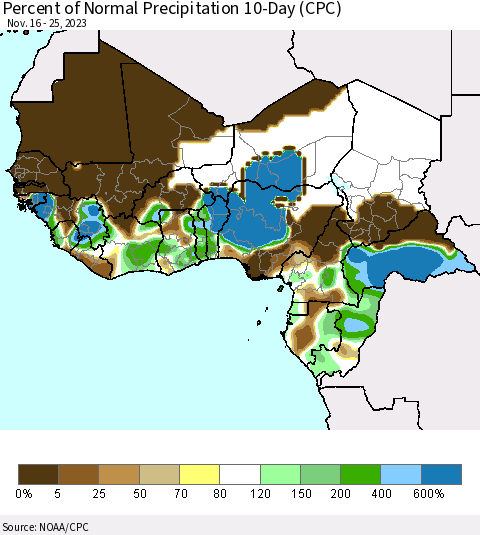 Western Africa Percent of Normal Precipitation 10-Day (CPC) Thematic Map For 11/16/2023 - 11/25/2023