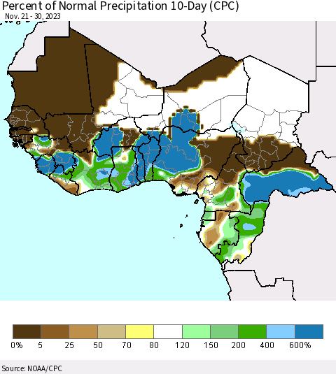 Western Africa Percent of Normal Precipitation 10-Day (CPC) Thematic Map For 11/21/2023 - 11/30/2023