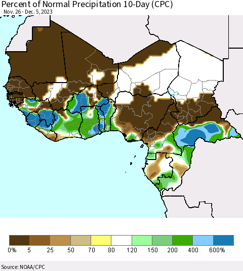 Western Africa Percent of Normal Precipitation 10-Day (CPC) Thematic Map For 11/26/2023 - 12/5/2023