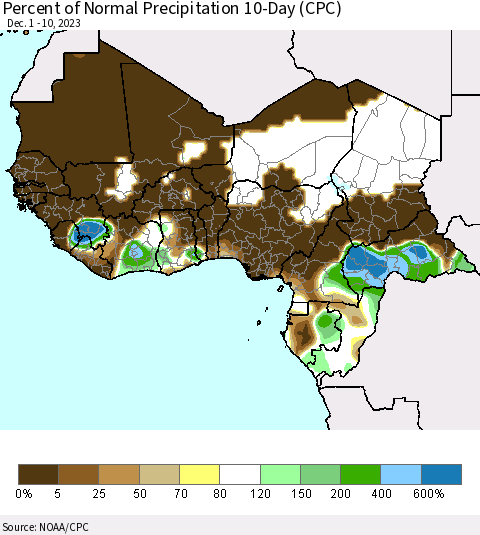 Western Africa Percent of Normal Precipitation 10-Day (CPC) Thematic Map For 12/1/2023 - 12/10/2023