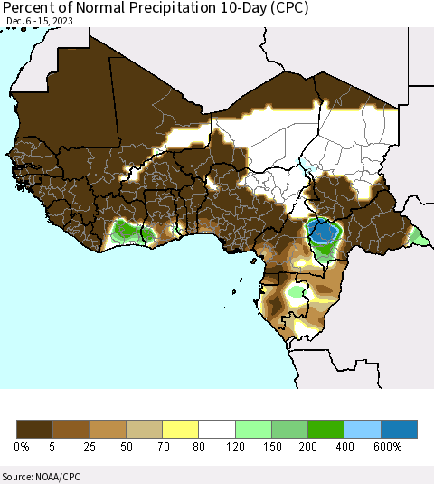 Western Africa Percent of Normal Precipitation 10-Day (CPC) Thematic Map For 12/6/2023 - 12/15/2023