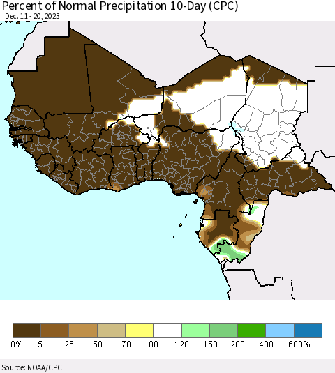 Western Africa Percent of Normal Precipitation 10-Day (CPC) Thematic Map For 12/11/2023 - 12/20/2023