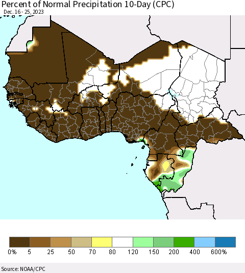 Western Africa Percent of Normal Precipitation 10-Day (CPC) Thematic Map For 12/16/2023 - 12/25/2023