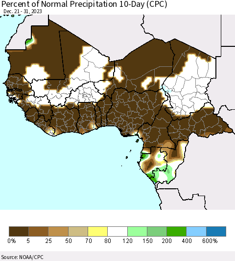 Western Africa Percent of Normal Precipitation 10-Day (CPC) Thematic Map For 12/21/2023 - 12/31/2023