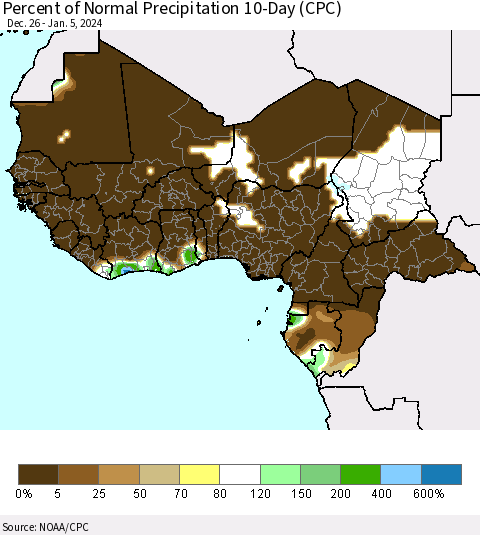 Western Africa Percent of Normal Precipitation 10-Day (CPC) Thematic Map For 12/26/2023 - 1/5/2024