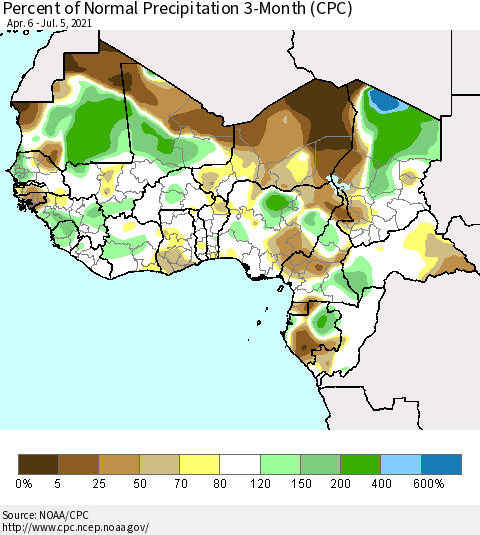 Western Africa Percent of Normal Precipitation 3-Month (CPC) Thematic Map For 4/6/2021 - 7/5/2021