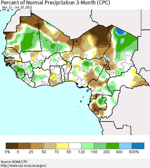 Western Africa Percent of Normal Precipitation 3-Month (CPC) Thematic Map For 4/11/2021 - 7/10/2021