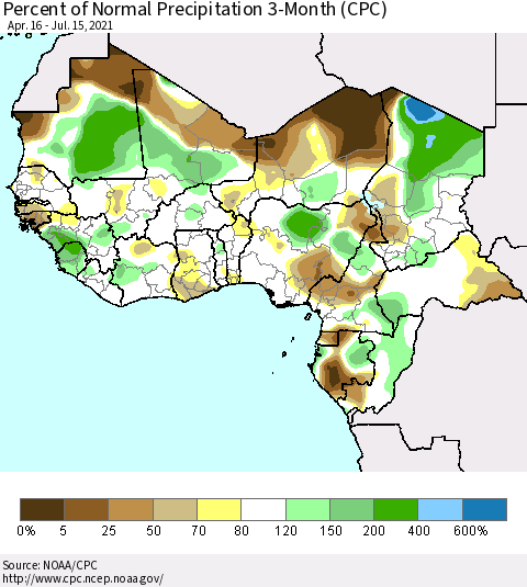 Western Africa Percent of Normal Precipitation 3-Month (CPC) Thematic Map For 4/16/2021 - 7/15/2021