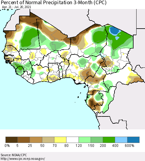 Western Africa Percent of Normal Precipitation 3-Month (CPC) Thematic Map For 4/21/2021 - 7/20/2021