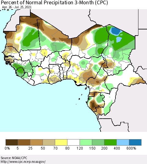 Western Africa Percent of Normal Precipitation 3-Month (CPC) Thematic Map For 4/26/2021 - 7/25/2021
