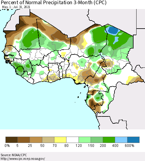 Western Africa Percent of Normal Precipitation 3-Month (CPC) Thematic Map For 5/1/2021 - 7/31/2021