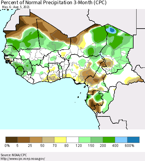 Western Africa Percent of Normal Precipitation 3-Month (CPC) Thematic Map For 5/6/2021 - 8/5/2021