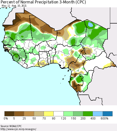 Western Africa Percent of Normal Precipitation 3-Month (CPC) Thematic Map For 5/11/2021 - 8/10/2021