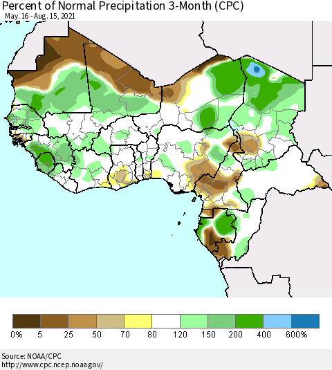 Western Africa Percent of Normal Precipitation 3-Month (CPC) Thematic Map For 5/16/2021 - 8/15/2021