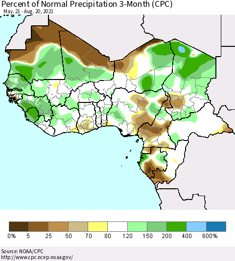 Western Africa Percent of Normal Precipitation 3-Month (CPC) Thematic Map For 5/21/2021 - 8/20/2021
