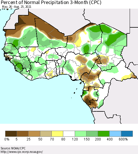 Western Africa Percent of Normal Precipitation 3-Month (CPC) Thematic Map For 5/26/2021 - 8/25/2021