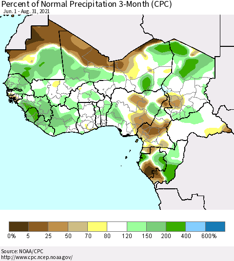Western Africa Percent of Normal Precipitation 3-Month (CPC) Thematic Map For 6/1/2021 - 8/31/2021