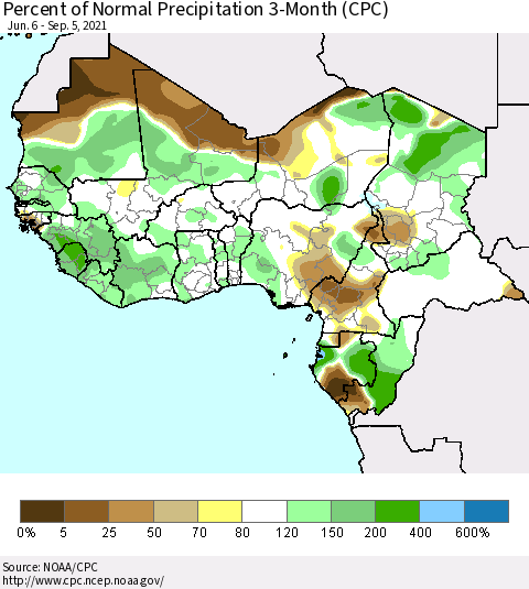 Western Africa Percent of Normal Precipitation 3-Month (CPC) Thematic Map For 6/6/2021 - 9/5/2021