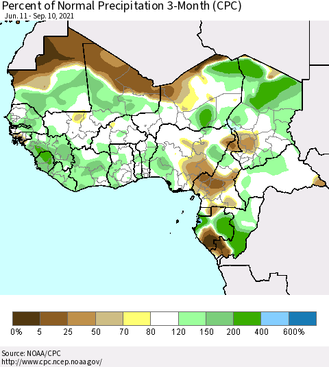 Western Africa Percent of Normal Precipitation 3-Month (CPC) Thematic Map For 6/11/2021 - 9/10/2021