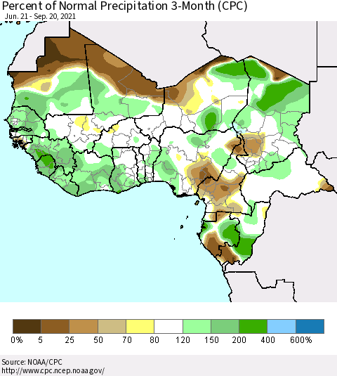 Western Africa Percent of Normal Precipitation 3-Month (CPC) Thematic Map For 6/21/2021 - 9/20/2021
