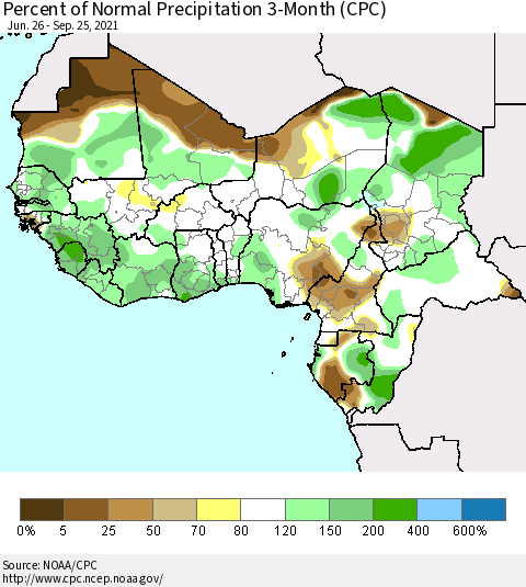 Western Africa Percent of Normal Precipitation 3-Month (CPC) Thematic Map For 6/26/2021 - 9/25/2021