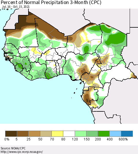 Western Africa Percent of Normal Precipitation 3-Month (CPC) Thematic Map For 7/16/2021 - 10/15/2021