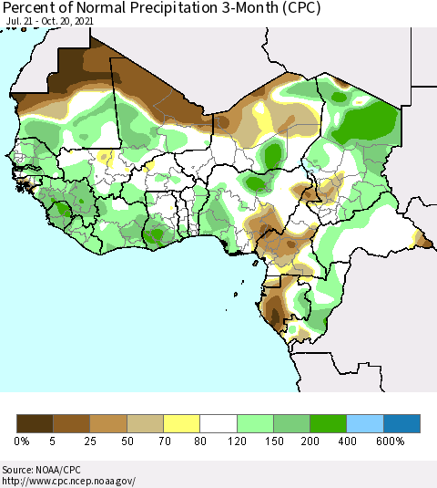 Western Africa Percent of Normal Precipitation 3-Month (CPC) Thematic Map For 7/21/2021 - 10/20/2021