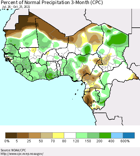 Western Africa Percent of Normal Precipitation 3-Month (CPC) Thematic Map For 7/26/2021 - 10/25/2021