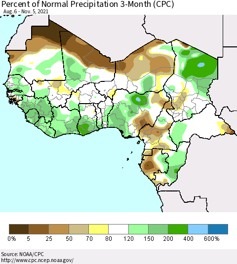 Western Africa Percent of Normal Precipitation 3-Month (CPC) Thematic Map For 8/6/2021 - 11/5/2021
