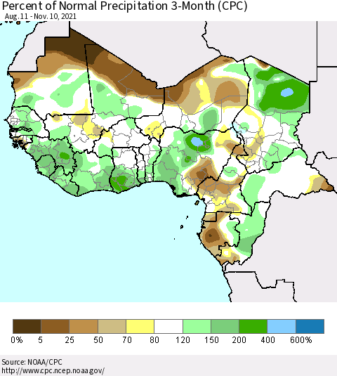 Western Africa Percent of Normal Precipitation 3-Month (CPC) Thematic Map For 8/11/2021 - 11/10/2021