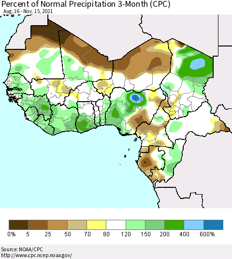 Western Africa Percent of Normal Precipitation 3-Month (CPC) Thematic Map For 8/16/2021 - 11/15/2021