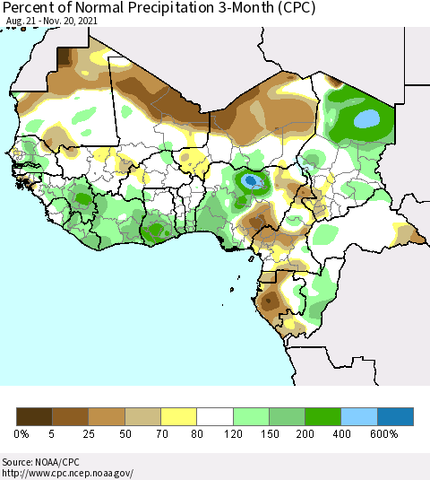 Western Africa Percent of Normal Precipitation 3-Month (CPC) Thematic Map For 8/21/2021 - 11/20/2021