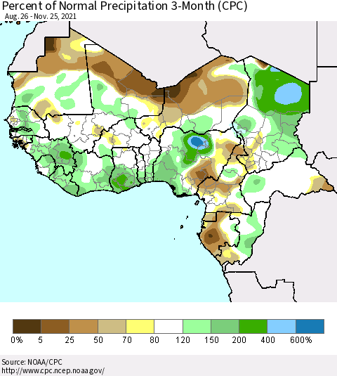 Western Africa Percent of Normal Precipitation 3-Month (CPC) Thematic Map For 8/26/2021 - 11/25/2021