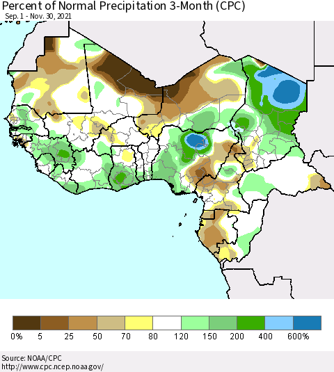 Western Africa Percent of Normal Precipitation 3-Month (CPC) Thematic Map For 9/1/2021 - 11/30/2021