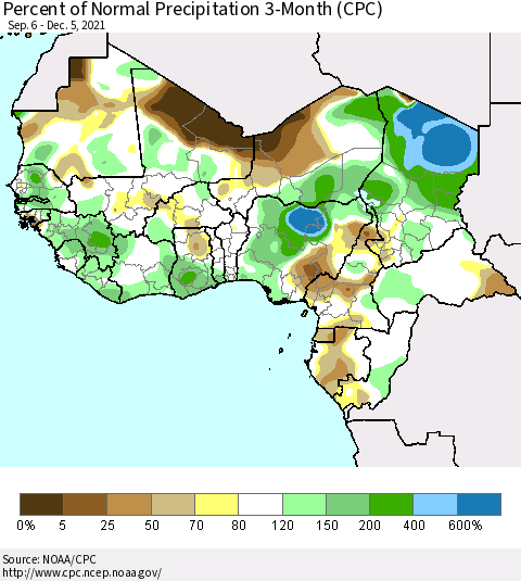 Western Africa Percent of Normal Precipitation 3-Month (CPC) Thematic Map For 9/6/2021 - 12/5/2021