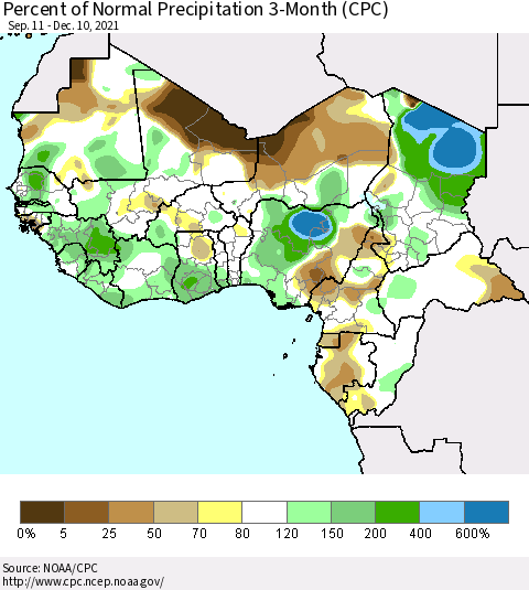 Western Africa Percent of Normal Precipitation 3-Month (CPC) Thematic Map For 9/11/2021 - 12/10/2021