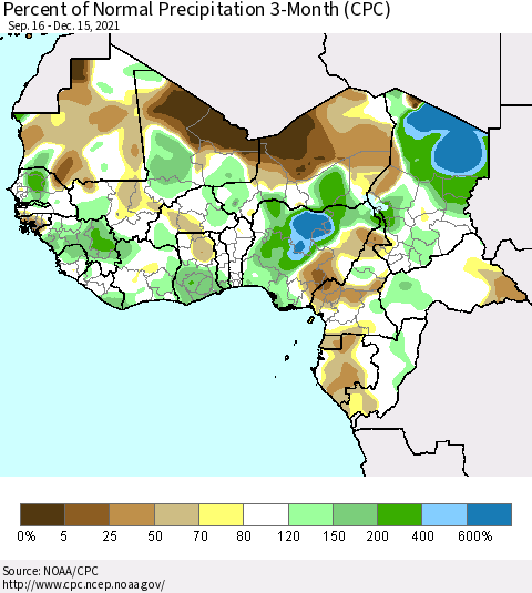 Western Africa Percent of Normal Precipitation 3-Month (CPC) Thematic Map For 9/16/2021 - 12/15/2021