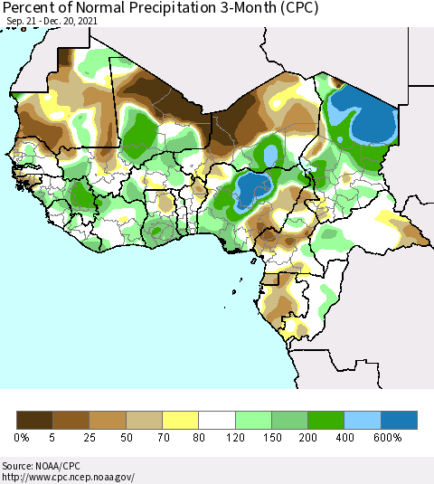 Western Africa Percent of Normal Precipitation 3-Month (CPC) Thematic Map For 9/21/2021 - 12/20/2021