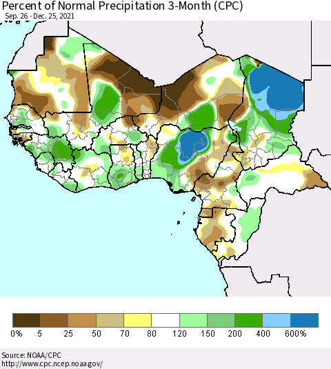 Western Africa Percent of Normal Precipitation 3-Month (CPC) Thematic Map For 9/26/2021 - 12/25/2021