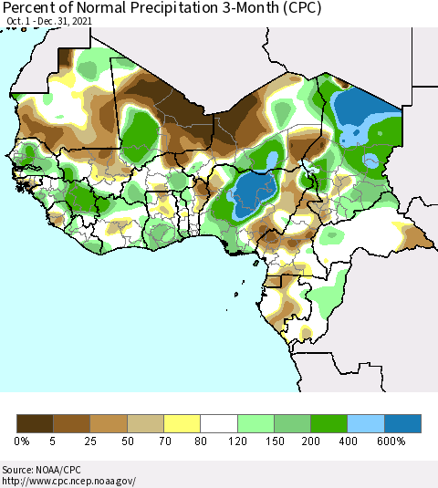 Western Africa Percent of Normal Precipitation 3-Month (CPC) Thematic Map For 10/1/2021 - 12/31/2021