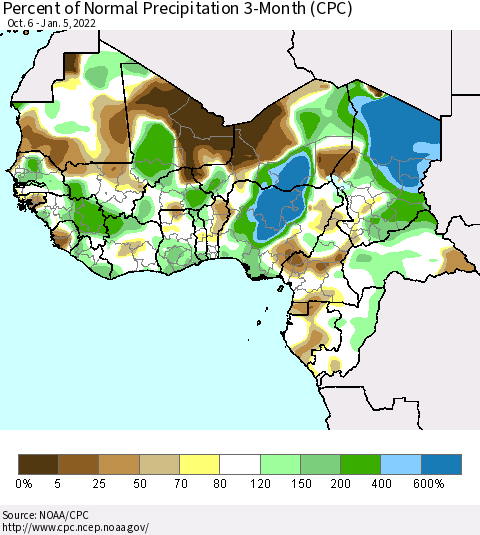 Western Africa Percent of Normal Precipitation 3-Month (CPC) Thematic Map For 10/6/2021 - 1/5/2022