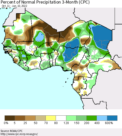 Western Africa Percent of Normal Precipitation 3-Month (CPC) Thematic Map For 10/11/2021 - 1/10/2022