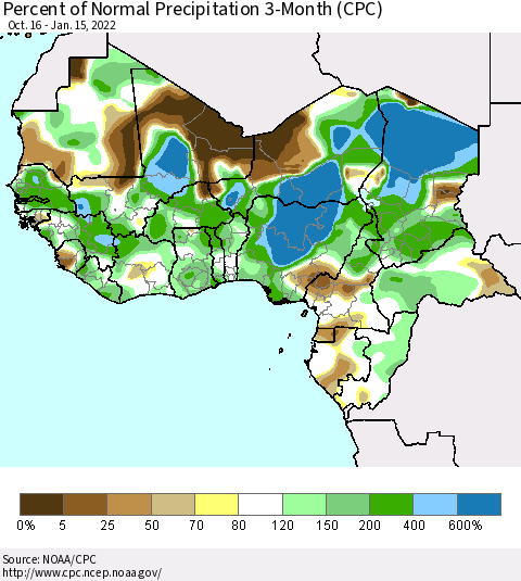 Western Africa Percent of Normal Precipitation 3-Month (CPC) Thematic Map For 10/16/2021 - 1/15/2022