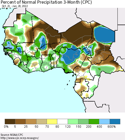 Western Africa Percent of Normal Precipitation 3-Month (CPC) Thematic Map For 10/21/2021 - 1/20/2022