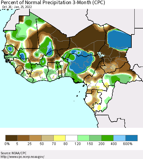 Western Africa Percent of Normal Precipitation 3-Month (CPC) Thematic Map For 10/26/2021 - 1/25/2022