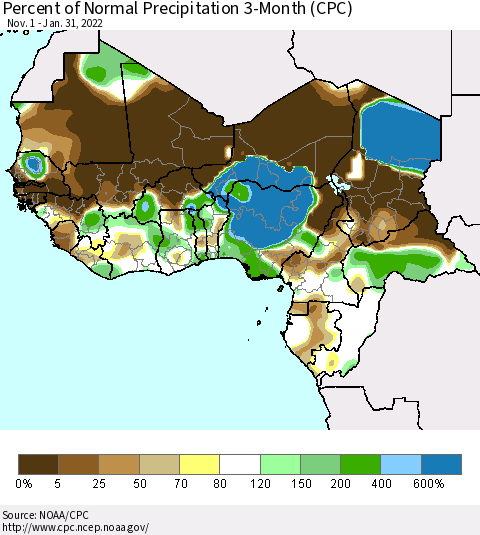 Western Africa Percent of Normal Precipitation 3-Month (CPC) Thematic Map For 11/1/2021 - 1/31/2022