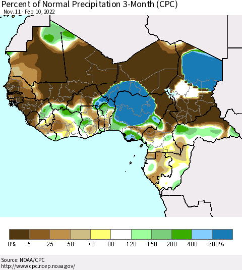 Western Africa Percent of Normal Precipitation 3-Month (CPC) Thematic Map For 11/11/2021 - 2/10/2022