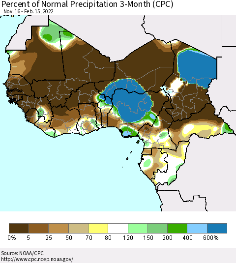 Western Africa Percent of Normal Precipitation 3-Month (CPC) Thematic Map For 11/16/2021 - 2/15/2022