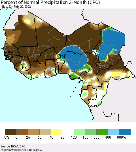Western Africa Percent of Normal Precipitation 3-Month (CPC) Thematic Map For 11/21/2021 - 2/20/2022